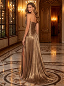 Strapless Pleated Satin A Line Long Evening Dresses with Slit