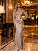 Off Shoulder Long Sleeve Lace Ruffle Satin Mermaid Long Evening Dresses