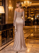 Off Shoulder Long Sleeve Lace Ruffle Satin Mermaid Long Evening Dresses