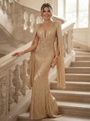 Sequin Deep V Mermaid Twisted Waist Cape Sleeve Long Evening Dresses