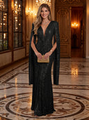 Sequin Deep V Mermaid Twisted Waist Cape Sleeve Long Evening Dresses
