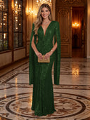 Sequin Deep V Mermaid Twisted Waist Cape Sleeve Long Evening Dresses