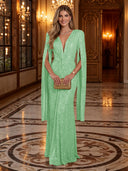 Sequin Deep V Mermaid Twisted Waist Cape Sleeve Long Evening Dresses