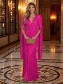 Sequin Deep V Mermaid Twisted Waist Cape Sleeve Long Evening Dresses