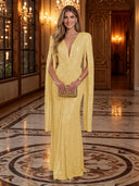 Sequin Deep V Mermaid Twisted Waist Cape Sleeve Long Evening Dresses