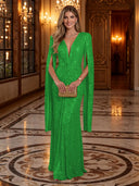 Sequin Deep V Mermaid Twisted Waist Cape Sleeve Long Evening Dresses
