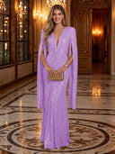 Sequin Deep V Mermaid Twisted Waist Cape Sleeve Long Evening Dresses