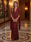 Sequin Deep V Mermaid Twisted Waist Cape Sleeve Long Evening Dresses