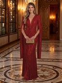 Sequin Deep V Mermaid Twisted Waist Cape Sleeve Long Evening Dresses