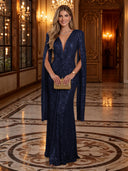 Sequin Deep V Mermaid Twisted Waist Cape Sleeve Long Evening Dresses