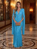 Sequin Deep V Mermaid Twisted Waist Cape Sleeve Long Evening Dresses