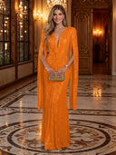 Sequin Deep V Mermaid Twisted Waist Cape Sleeve Long Evening Dresses