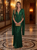 Sequin Deep V Mermaid Twisted Waist Cape Sleeve Long Evening Dresses