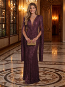 Sequin Deep V Mermaid Twisted Waist Cape Sleeve Long Evening Dresses