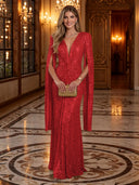Sequin Deep V Mermaid Twisted Waist Cape Sleeve Long Evening Dresses