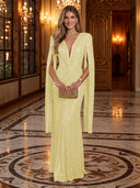 Sequin Deep V Mermaid Twisted Waist Cape Sleeve Long Evening Dresses