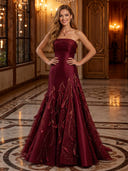 Strapless Satin 3D Leaf Appliques Sparkly A Line Long Evening Dresses
