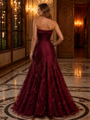 Strapless Satin 3D Leaf Appliques Sparkly A Line Long Evening Dresses