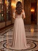 Off Shoulder High Slit Chiffon Long Evening Dresses with Sequin