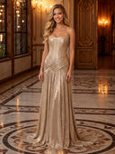 Strapless Satin Pleated A Line Long Evening Dresses