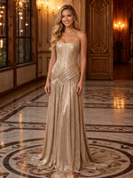 Strapless Satin Pleated A Line Long Evening Dresses