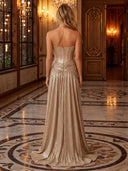 Strapless Satin Pleated A Line Long Evening Dresses