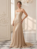 Strapless Satin Pleated A Line Long Evening Dresses