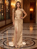 Off Shoulder Ruched 3D Floral High Slit Satin Mermaid Long Evening Dresses