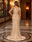 Off Shoulder Ruched 3D Floral High Slit Satin Mermaid Long Evening Dresses