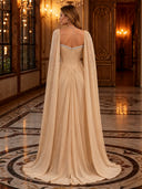 Strapless Chiffon Pleated Mermaid Beaded Long Evening Dresses with Cape