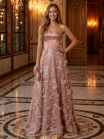 Strapless 3D Floral Appliques Sequin Tulle A Line Long Evening Dresses with Cape