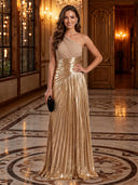 One Shoulder Ruched Bodice Metallic Pleated A Line Long Evening Dresses