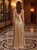 One Shoulder Ruched Bodice Metallic Pleated A Line Long Evening Dresses