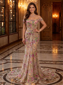 Off the Shoulder Floral Sequin Ruched Mermaid Long Evening Dresses