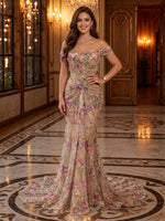 Off the Shoulder Floral Sequin Ruched Mermaid Long Evening Dresses