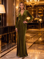 Long Sleeve Deep V Neck Wrap Ruched Velvet Mermaid Long Evening Dresses