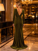 Long Sleeve Deep V Neck Wrap Ruched Velvet Mermaid Long Evening Dresses