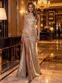 One Shoulder Satin 3D Flower Appliques Long Evening Dresses with High Slit