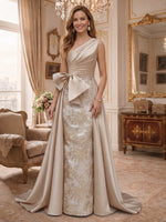 Floral Jacquard  Long Evening Dresses One Shoulder Champagne Satin Big Bow