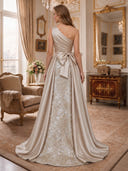 Floral Jacquard  Long Evening Dresses One Shoulder Champagne Satin Big Bow