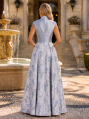 Floral Jacquard Long Evening Dresses Blue A Line High Neck Cap Sleeve