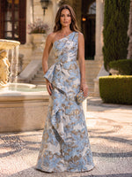 Floral Jacquard Mermaid Long Evening Dresses Blue Gold One Shoulder Satin with Ruffle
