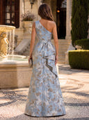 Floral Jacquard Mermaid Long Evening Dresses Blue Gold One Shoulder Satin with Ruffle