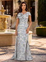 Off Shoulder Floral Jacquard Long Evening Dresses Blue with 3D Rose