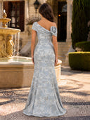 Off Shoulder Floral Jacquard Long Evening Dresses Blue with 3D Rose