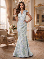 Mermaid Floral Jacquard Long Evening Dresses Blue with 3D Rose V Neck