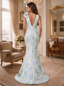 Mermaid Floral Jacquard Long Evening Dresses Blue with 3D Rose V Neck