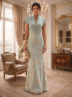 Mermaid Floral Jacquard Long Evening Dresses High Neck Sage Short Sleeves