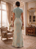 Mermaid Floral Jacquard Long Evening Dresses High Neck Sage Short Sleeves