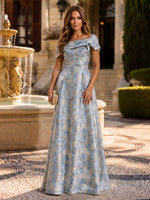 Off Shoulder Floral Jacquard Long Evening Dresses Blue A Line